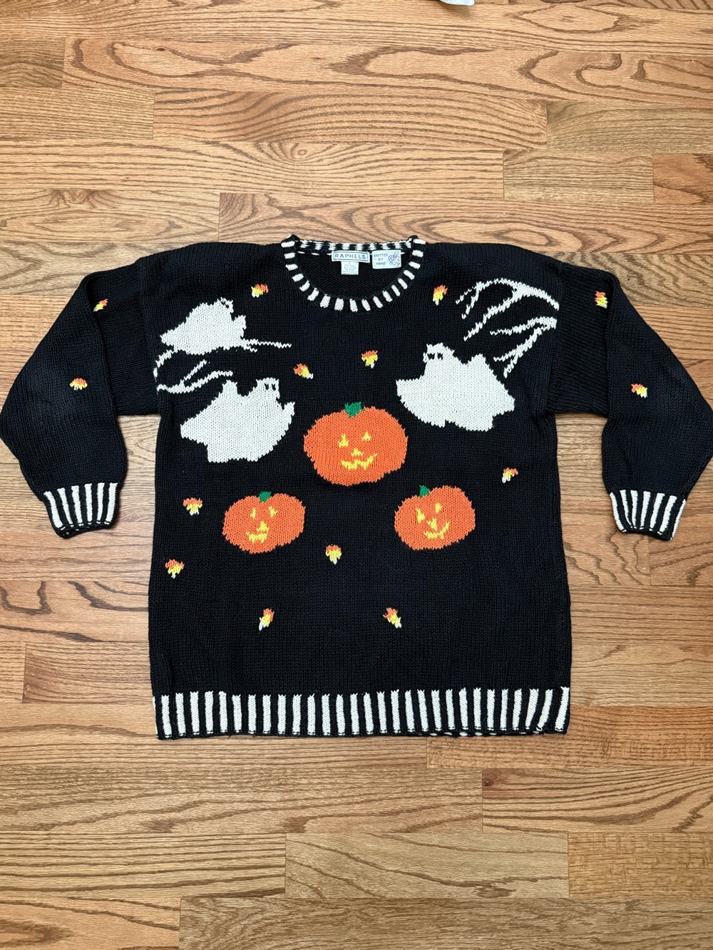 Vintage Halloween hand knit Raphael’s Ghost, Pumpkin and Candy Corn Sweater L